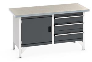 Bott Cubio Storage Workbench 1500mm wide x 750mm Deep x 840mm high supplied with a Linoleum worktop (particle board core with grey linoleum surface and plastic edgebanding), 3 x drawers (2 x 150mm & 1 x 200mm high) and 1 x 500mm high integral... 1500mm Wide Storage Benches